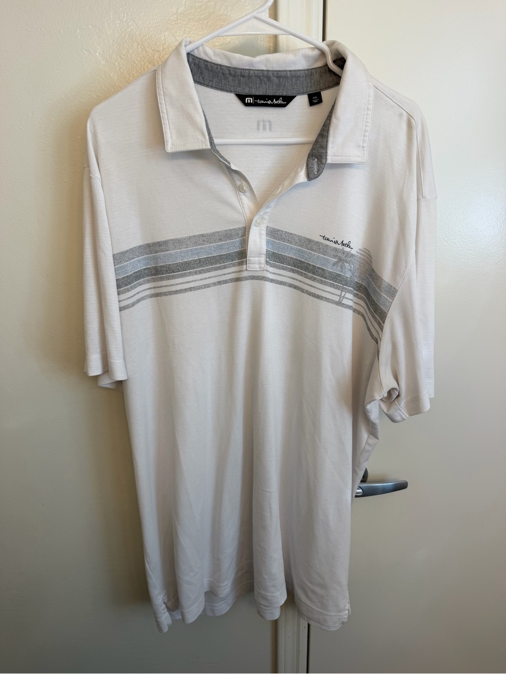 Travis Mathew Men's White Polo with Gray Chest Stripes Men’s XXL
